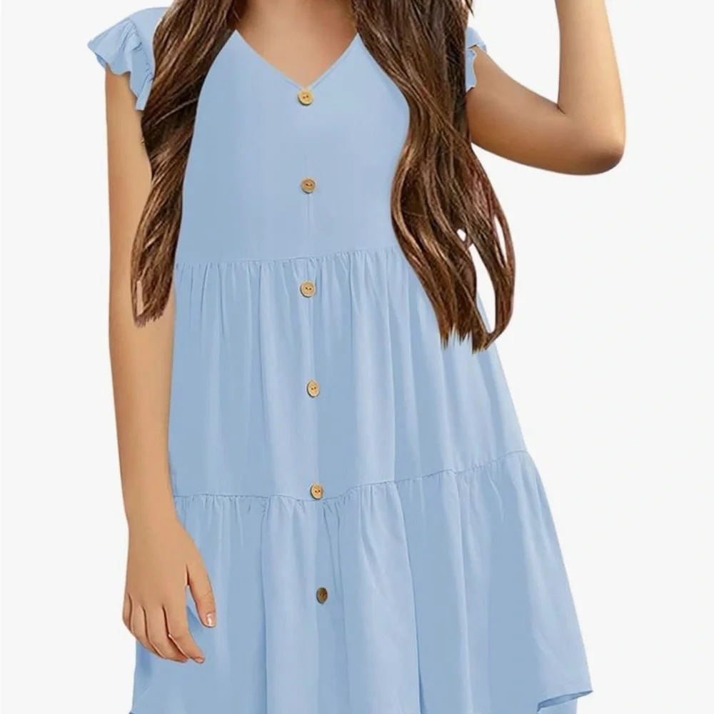 Blue Ruffle Sleeve Kids Dress - Picture 1 of 3